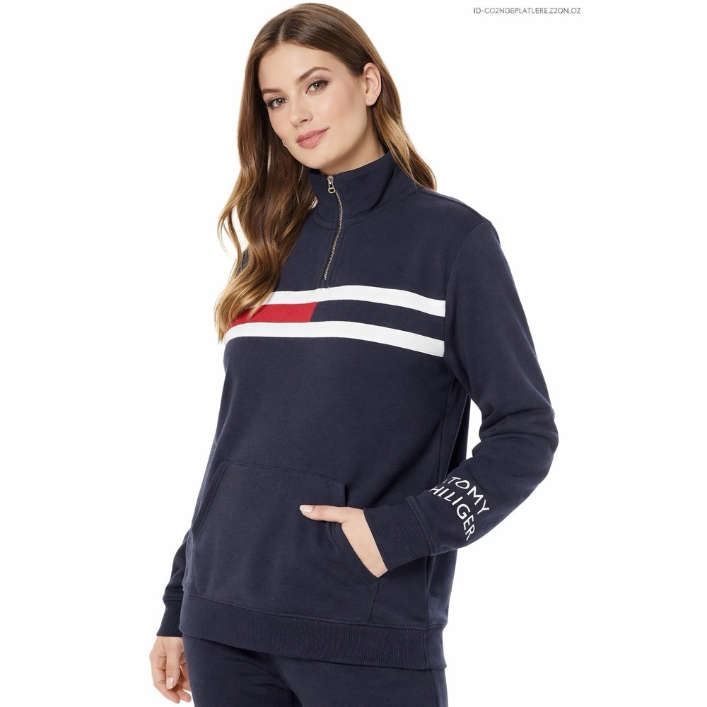 Tommy Hilfiger Sweatshirt Womens 2X Plus Navy Logo‎ Zipper Pockets Preppy Sporty